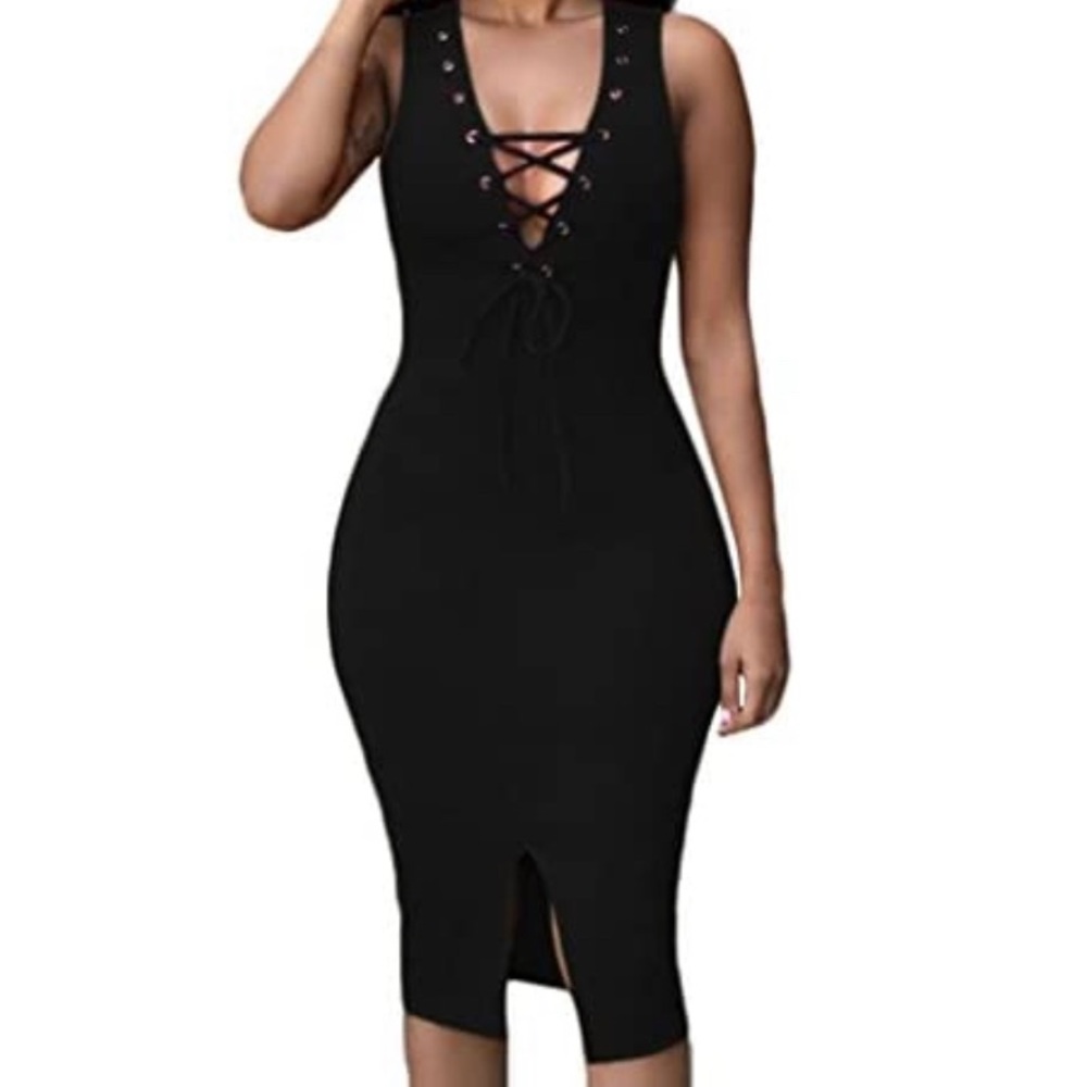 NWOT fitted midi dress with lace-up detail.